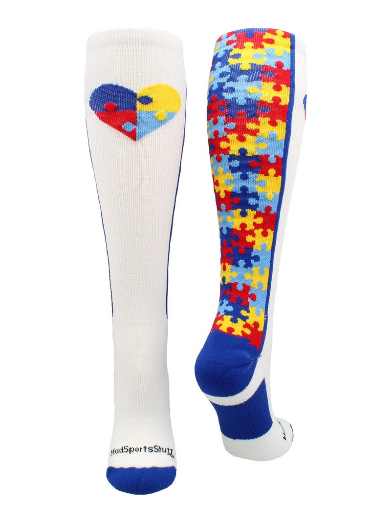 MadSportsStuff Puzzle Heart Autism Awareness OTC Socks (White/Royal, Small) - Image 1